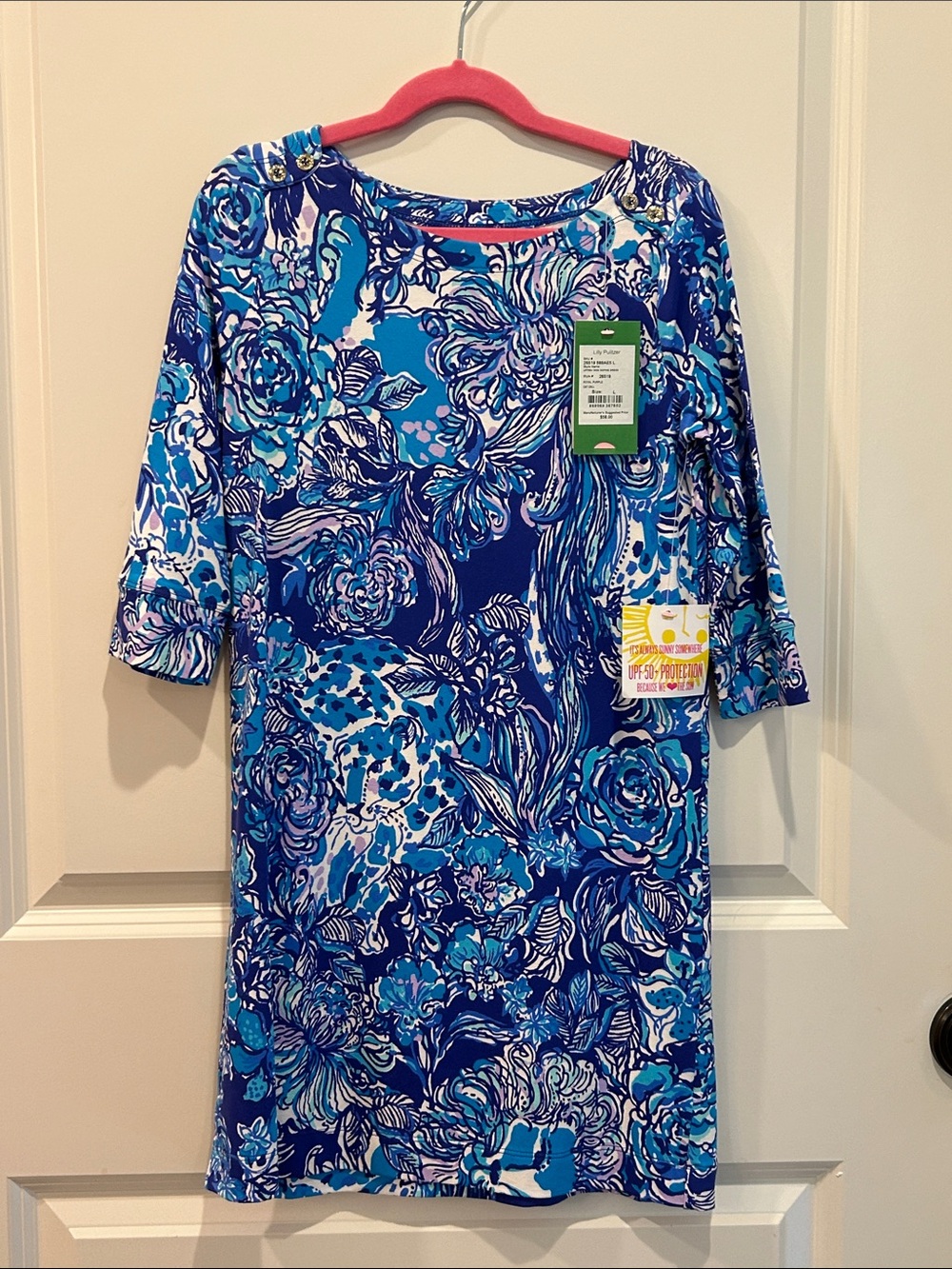 Lilly Pulitzer Girls Blue Floral Sophie dress, sz L (8-10), “cat call” print